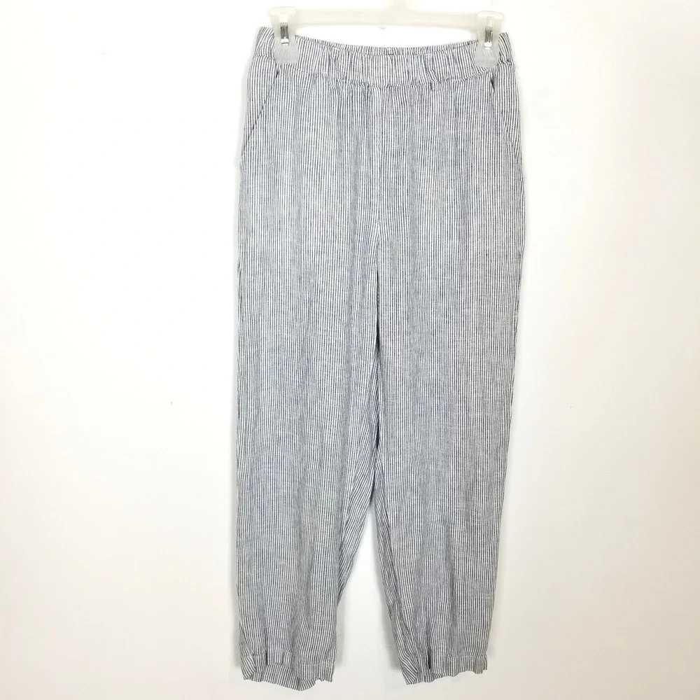 Quince‎ Women Linen Striped Pants Sz XS Blue White Elastic Waist Cropped Boho